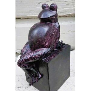 Whimsical Carved Stained Wood Reclining Frog with Carved Vines Sculpture